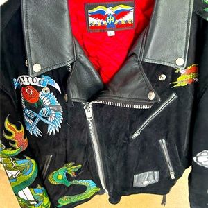 SALE!!! Black Leather Tattoo JEFF HAMILTON vintage bike jacket. Gorgeous.